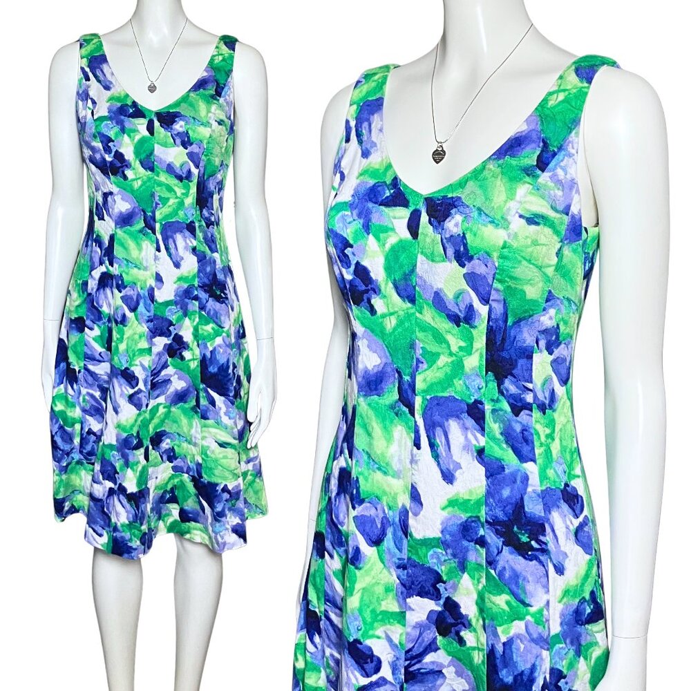 Ralph Lauren Green Purple Watercolor Floral Cotton Midi Dress. Small 6. Preppy